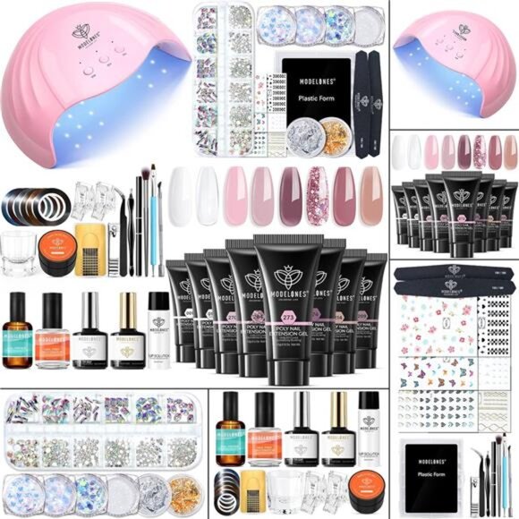 Poly Nail Gel Kit 8 Rosy Pink Colors with 48W LED Nail Lamp Poly Extension Gel - Picture 1 of 8